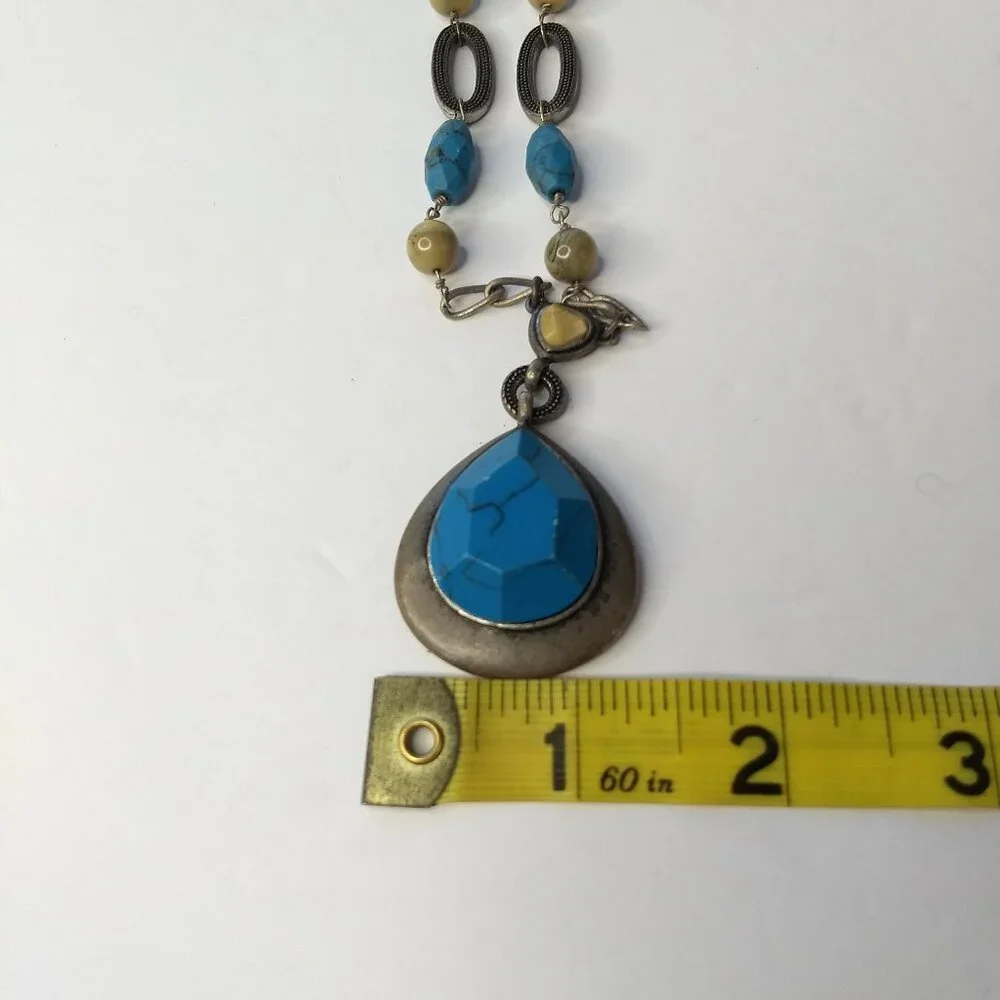 Lia Sophia Blue Faceted Pendant Necklace Silver Tone Mustard Stones Links Y2K